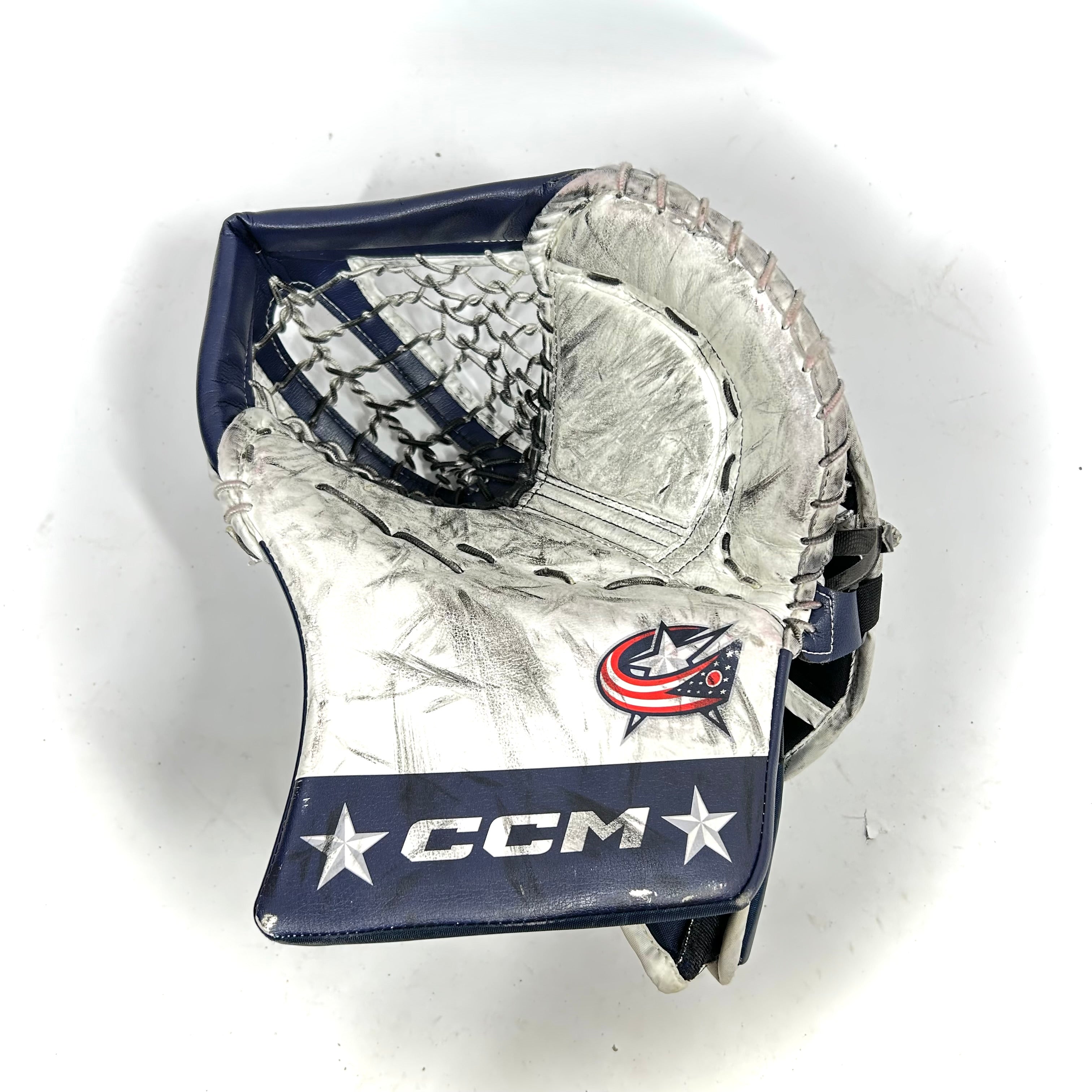 CCM Extreme Flex 6 - Gant de gardien de but AHL Pro Stock d'occasion (blanc/bleu)